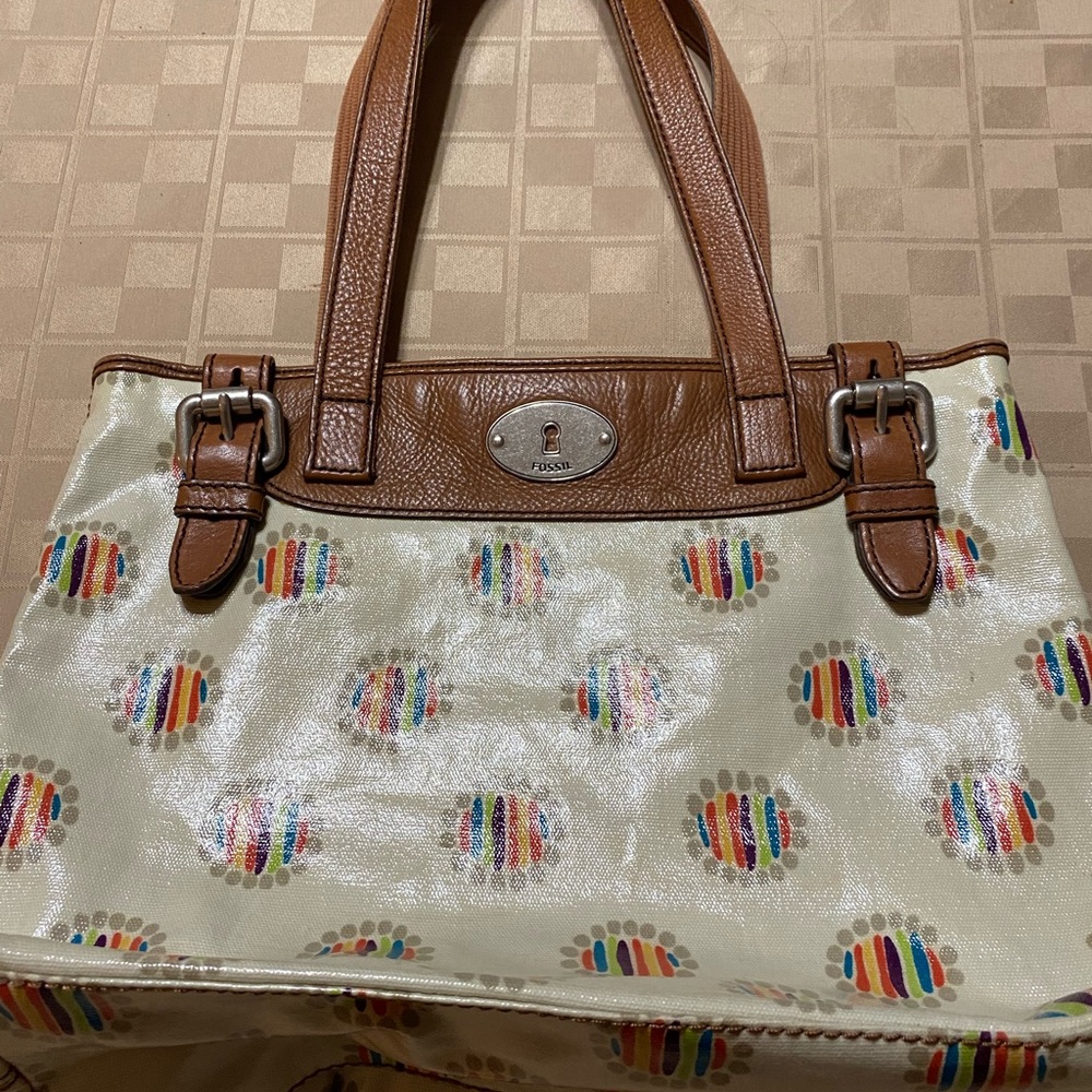 Fossil‎ Key-Per Shoulder Handbag Purse Tote Brown Floral Print Coated Canvas Zip